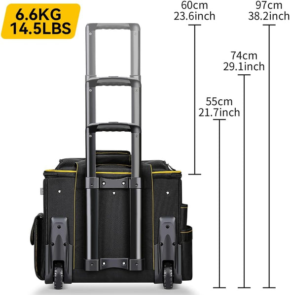 WINNHUNT 46cm Wide Mouth Rolling Tool Bag, 32 Pocket Tool Trolley Bag with Telescopic Handle and 2 Wheels, Black