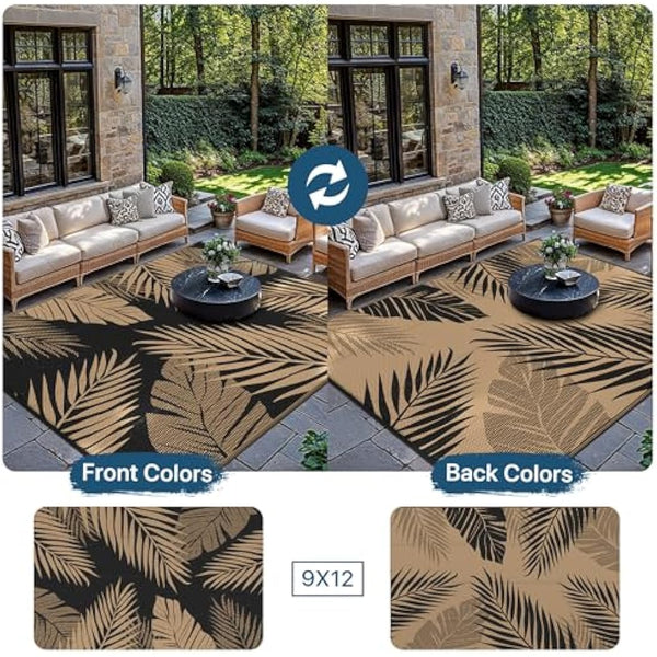 GENIMO Outdoor Rug 275 x 365 cm – Extra Large Waterproof Reversible Garden Rugs, UV Resistant & Washable Plastic Carpet for Patio, RV, Picnic, Backyard, Balcony – Black & Brown