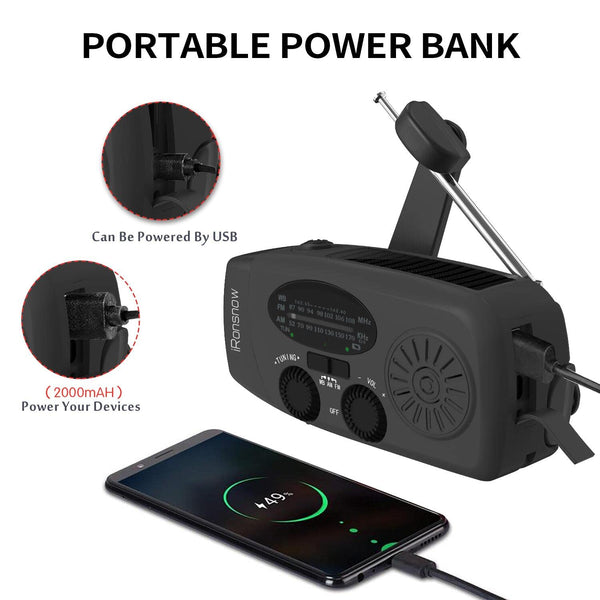 iRonsnow Solar Emergency Hand Crank Weather Radio, Portable Self Powered NOAA AM/FM Radios with SOS Alarm LED Flashlight 2000mAh Smart Phone USB Charger for Camping (Red)