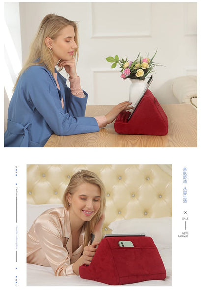 Soft Tablet Stand Pillow with Pocket,Tablet Cushion Stand,Adjustable 3 Viewing Angle,Lazy Holder Stand for Bed Sofa,Compatible with iPads Tablets eReaders Smartphones Books Magazines（Grey）…