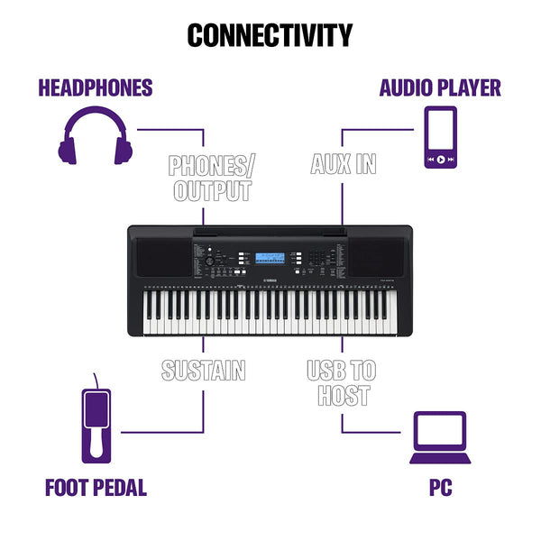 Yamaha PSR-E383 Portable Keyboard for Beginners, 650 Authentic Instrument Voices and Touch-Sensitive Keys with 48-Note Polyphony, Includes 2 Online Lessons with Yamaha Music School Teacher