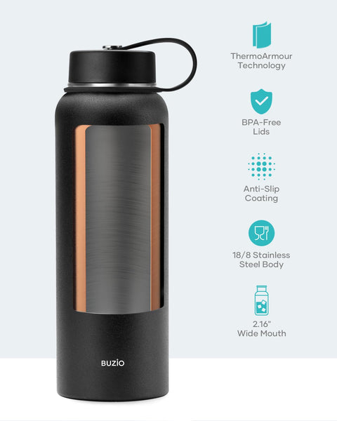 Stainless Steel Water Bottle 2L, BUZIO Vacuum Insulated Water Bottle with Straw Lid and Flex Cap Cold for 48 Hrs, Hot for 24 Hrs Double Wall Wide Mouth BPA Free Leak Proof, Black