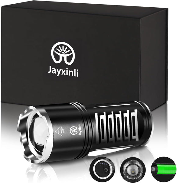 Jayxinli Torches LED Super Bright 1000000 Lumen Rechargeable, Powerful Torch 3 Light Modes and 10800 mAh Long-Lasting Battery, Zoomable, High Powered, Bright Torch for Camping & Home