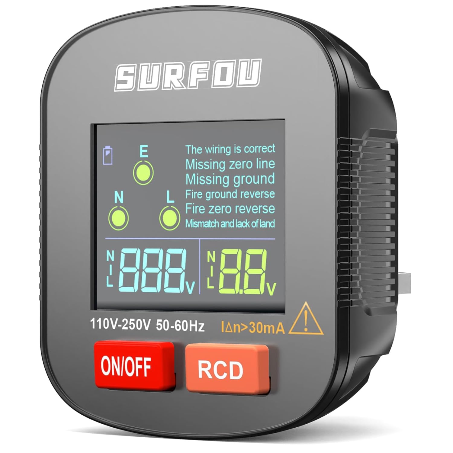 SURFOU Socket Tester UK, Electric Voltage Test Plug Tools with LCD Display 110v-250v, 50-60Hz, RCD Circuit Breaker, Power Meters for Electricians, Measures Earth, Live & Neutral Wire