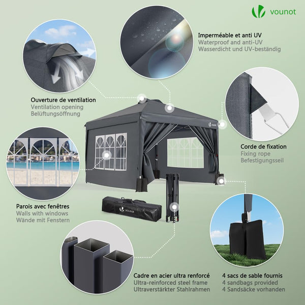 VOUNOT® 3m x 3m Pop Up Heavy Duty Gazebo with Sides, Central Lock System & 4 Weight Bags & Carry Bag, Marquee Garden Party Tent Outdoor, Green