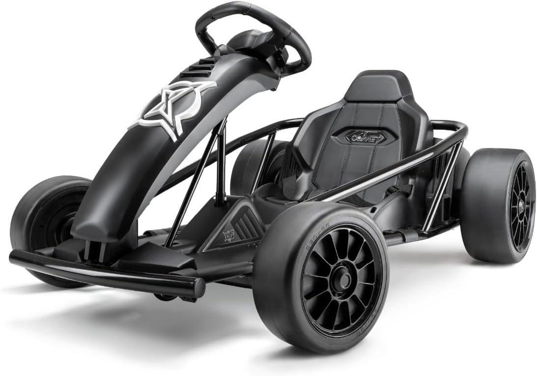 Xootz Comet Electric Go Kart, Kids Ride-On Racing Go Kart, 2 Speed with Drift Mode and Reversing, Steering Wheel, and Pedals, 2 x 12V Rechargeable Batteries, Custom, Black