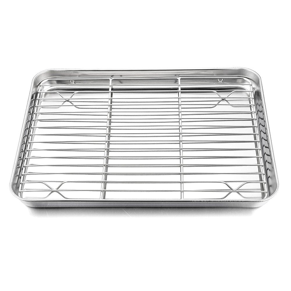 HaWare Baking Tray with Rack Set (4 Sheets + 4 Racks), 100% Stainless Steel Rimmed Cookie Sheet Pans, Toaster Oven Tray with Cooling Rack, Non Toxic &
