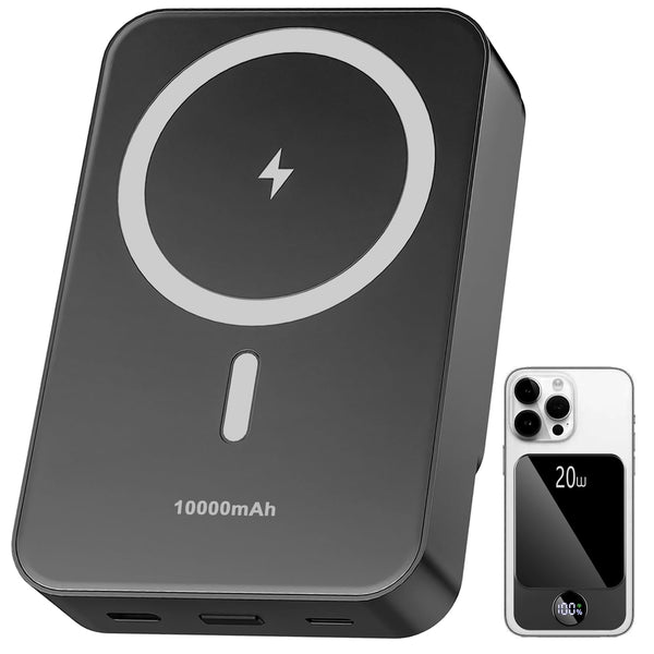 Magnetic Power Bank 10000mAh，20W Fast Charging Portable Charger, Wireless Power Bank with LED Display, Small USB-C Battery Pack with Mag-safe for iPhone 16/15 Plus/Pro/Max,14/13/12 Series,Black