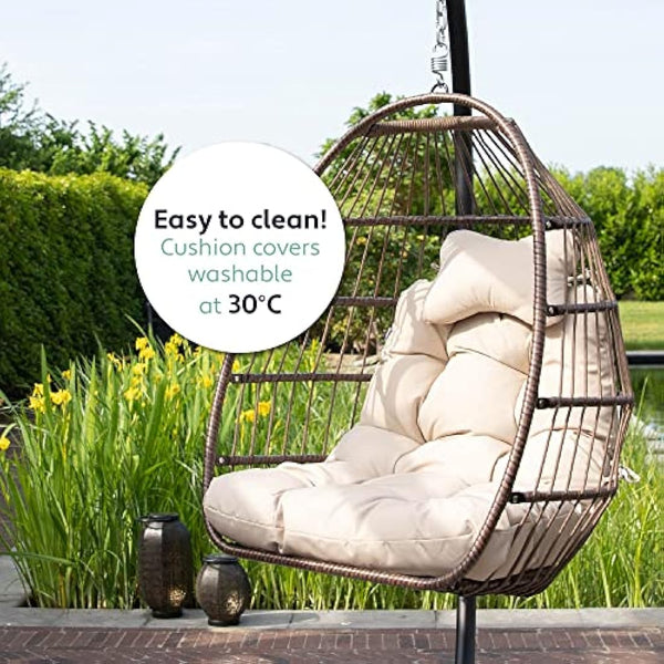 Vita5 Hanging Egg Chair Indoor&Outdoor - Swing Chair with Frame Polyrattan with Cushion - Hanging Chair Outdoor and Indoor - Foldable Hammock Chair - Maximum Load 150kg - Beige