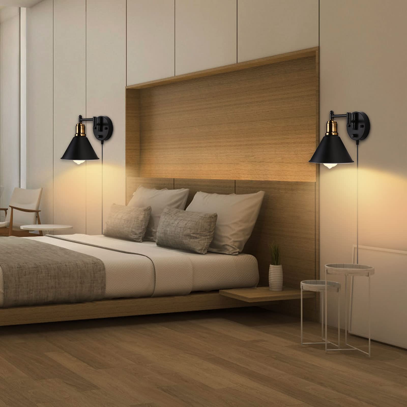 Lightess Black Plug Wall Light Industrial Swing Arm Wall Lights with Switch, Dimmable Wall Lamp E27 Retro Wall Sconce for Bedroom, Living Room, Set of