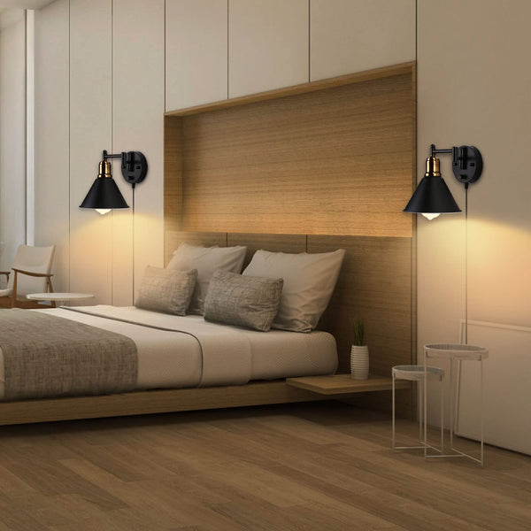 Lightess Black Plug Wall Light Industrial Swing Arm Wall Lights with Switch, Dimmable Wall Lamp E27 Retro Wall Sconce for Bedroom, Living Room, Set of