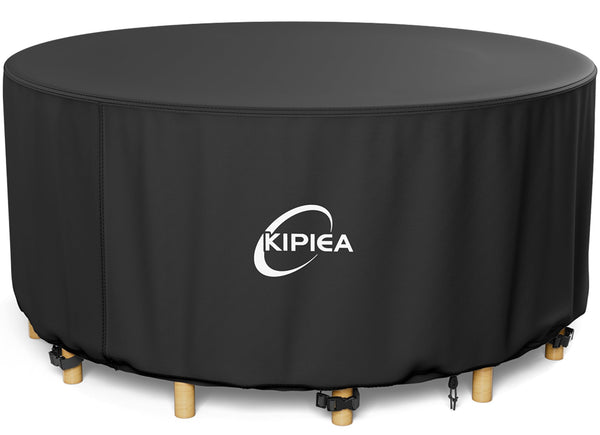 Kipiea Garden Furniture Covers Waterproof Round, Garden Table Covers with 4 Windproof Buckles, Heavy Duty 420D Oxford Fabric Outdoor Table Cover
