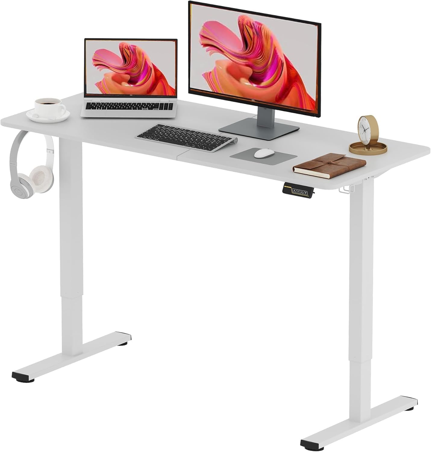 SANODESK QS1+140 * 60 Electric Standing Desk Height Adjustable Standing Desk With Memory Smart Panel Sit Stand Table With Hooks and Cupholder for Home Office （Black Frame+ Black Desktop）