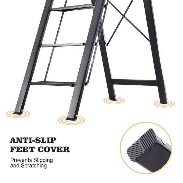 KINGRACK 2 Step Ladder with Handrail, Non-Slip Household Ladder with Folding Safety, Aluminium Folding Step Stool, Maximum Load 150 kg, Black