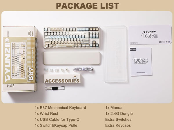 YUNZII B87 Wireless Mechanical Keyboard,QMK/VIA Software Custom Gaming,Gasket RGB Keyboard with Cute MOA Keycaps,Wrist Rest,BT5.0/2.4G/USB-C NKRO for Win/Mac (butter, milk v2 linear)