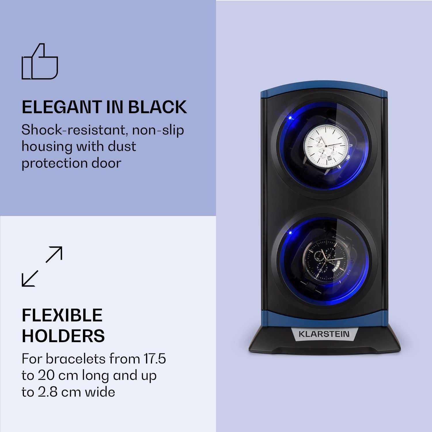 KLARSTEIN St. Gallen Premium - Automatic Watch Winder, Rotator, Holder, Case for 2 Watches, 4 Speeds, Right-Left Running