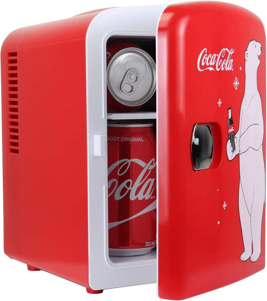 Coca Cola Polar Mini Fridge - Refrigerator for Bedroom Skincare Office, Portable Table Top Beverage Cooler, 12V DC/220V AC Refrigerador For Drinks, Soda, Wine, Use In Car, Dorm, Patio, 6 Can
