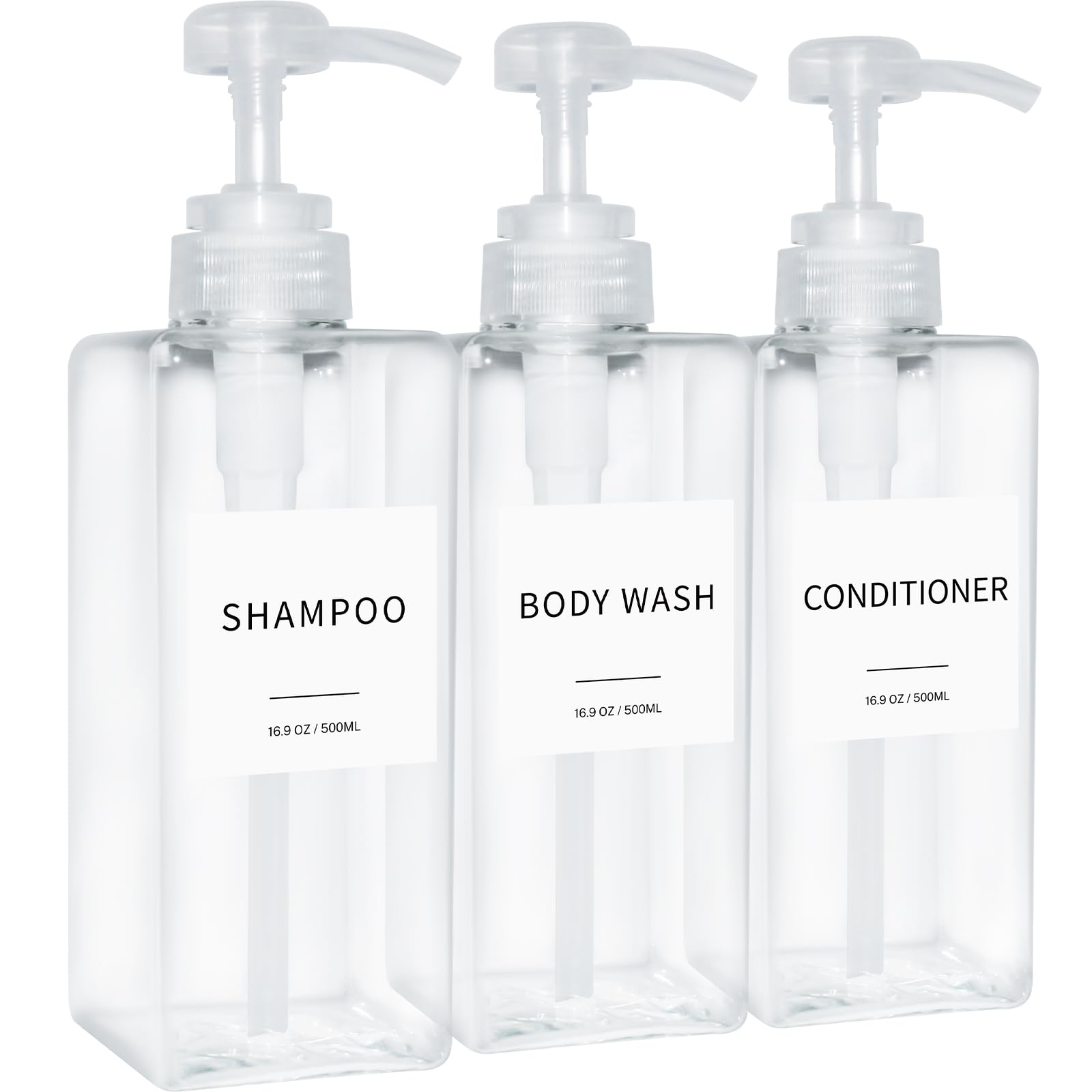 Shampoo and Conditioner Dispenser, Refillable Plastic Shampoo Pump Bottles with Waterproof Labels, Empty Body Wash Dispenser Set for Bathroom, Shower