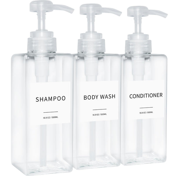 Shampoo and Conditioner Dispenser, Refillable Plastic Shampoo Pump Bottles with Waterproof Labels, Empty Body Wash Dispenser Set for Bathroom, Shower