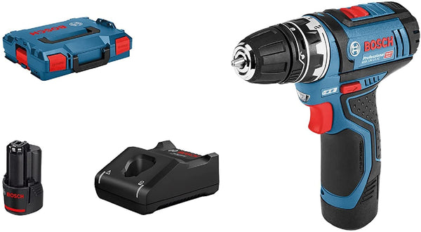 Bosch Professional 12V System Cordless Drill Driver GSR 12V-15 FC (2x battery GBA 12V 2.0Ah, Charger GAL 12V-40, 4x adapter (GFA 12-B, GFA 12-X, GFA 12-W, GFA 12-E, L-BOXX 102)