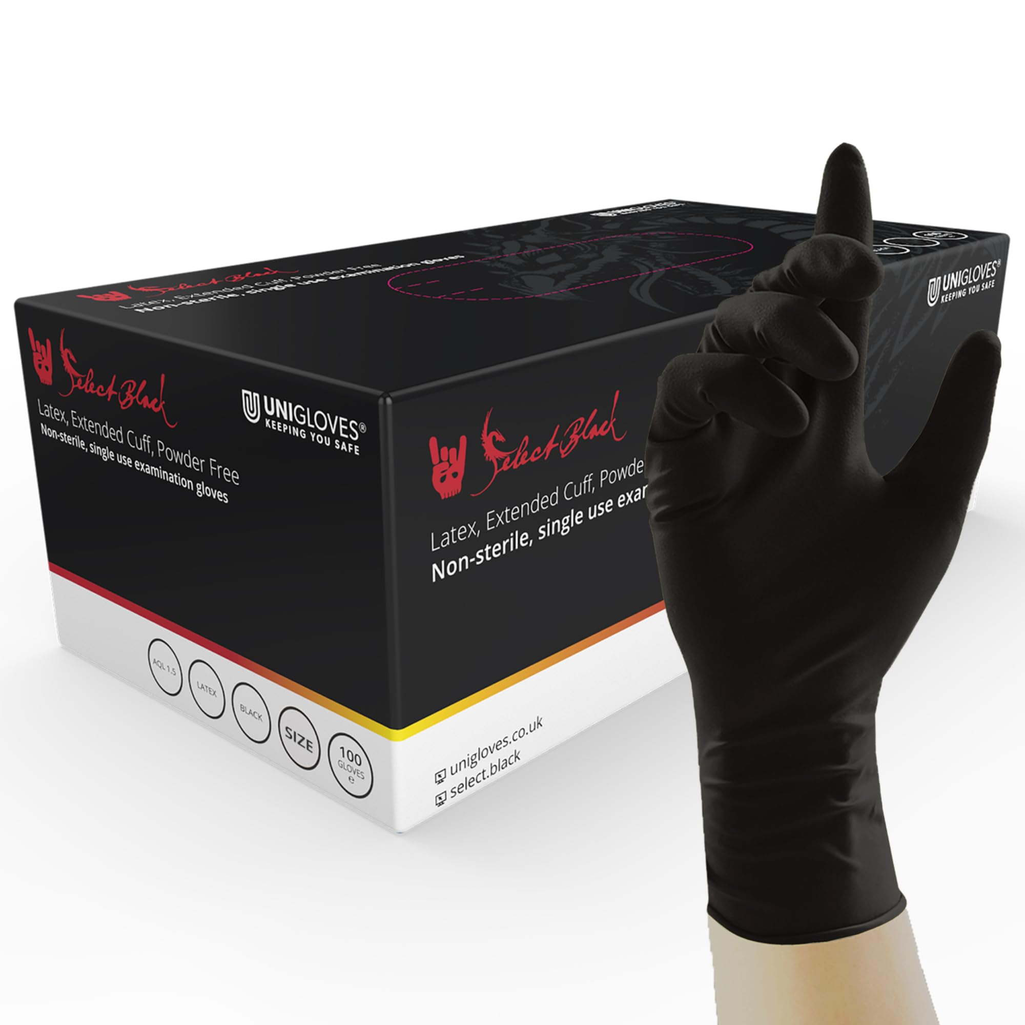 Unigloves Select Black Latex Extended Cuff GT0015 Single Use - Multipurpose, Powder Free Disposable Gloves, Optimised for Tattoo Artists, Box of 100 Gloves, Black, Extra Large