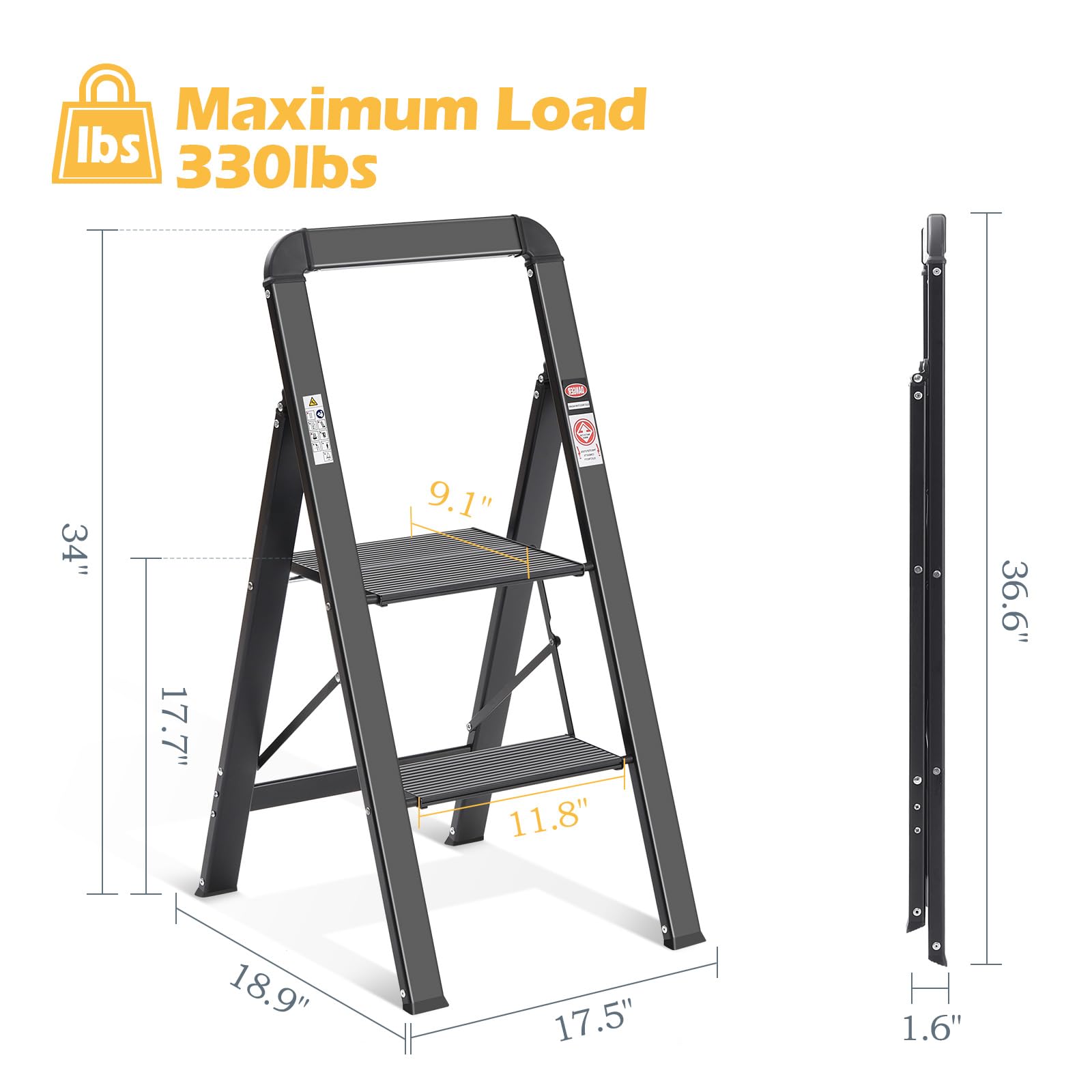 KINGRACK 2 Step Ladder with Handrail, Non-Slip Household Ladder with Folding Safety, Aluminium Folding Step Stool, Maximum Load 150 kg, Black