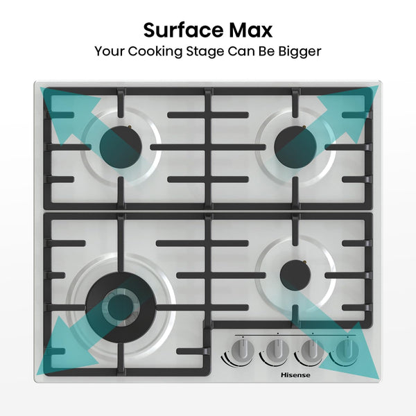 Hisense GM773XF 75cm 5 Burners Built-in Gas Hob with Easy Clean Surface, Wok Burner - Stainless steel