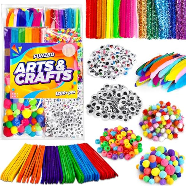 FunzBo 1200Pcs+ Arts and Crafts Supplies for Kids - Craft Art Supply Kit for Toddlers Age 4 5 6 7 8 9 - All in One D.I.Y. Crafting Collage Arts Set Birthday Easter Gifts for Kids