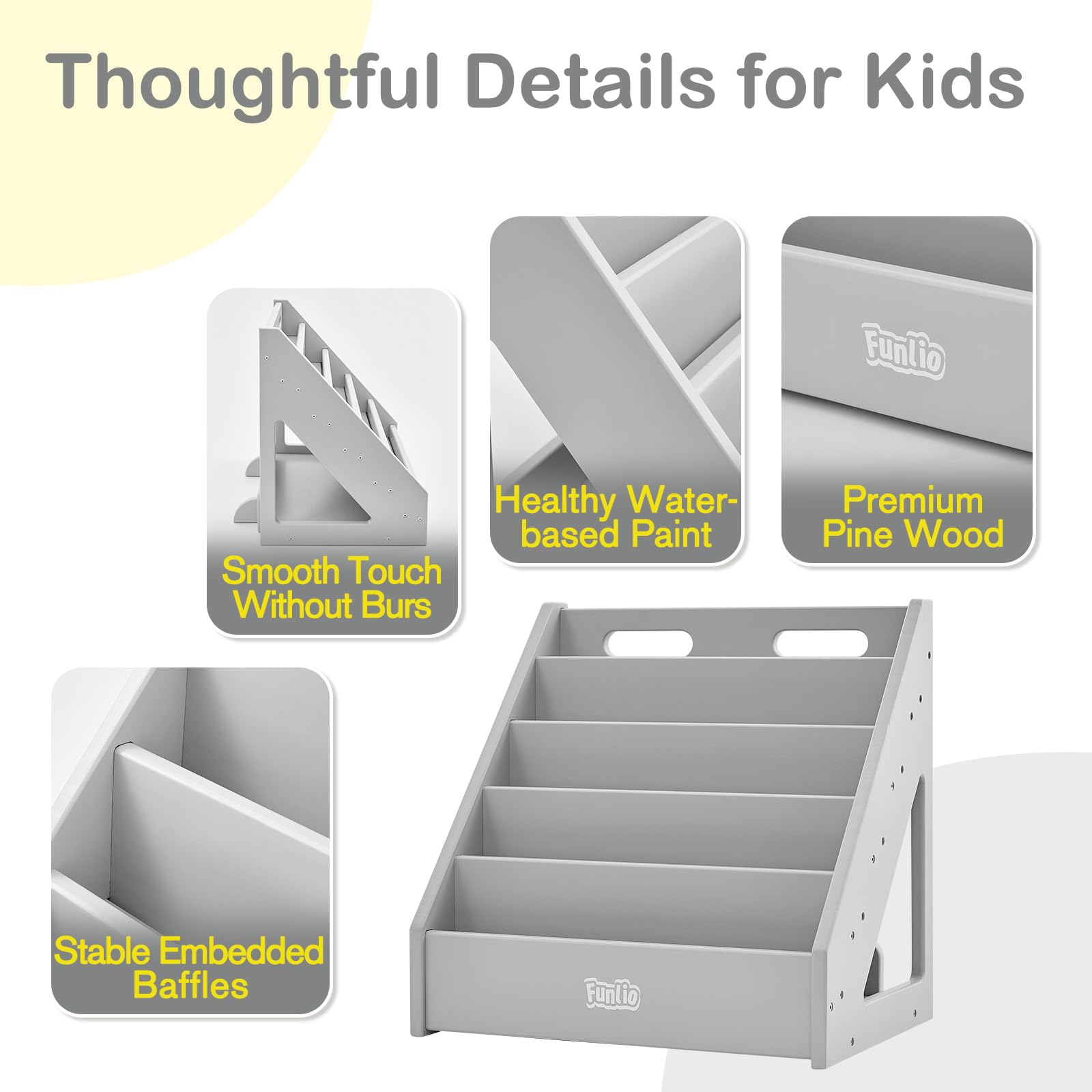 FUNLIO Montessori Bookshelf for Toddlers 1-5 Years, Front-Facing Kids Bookshelf with Handle & Anti-Tilting Device, Premium Pine Baby Bookshelf,