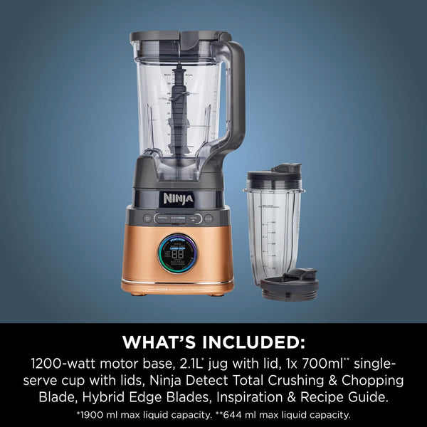 Ninja 2-in-1 Detect Power Blender Pro & Single Serve, 1200W Blender With Jug, & 2x Single Serve Cups, Blend Smoothies, Chop Vegetables & Mix Frozen Drinks, Black/Copper, TB301UKCP