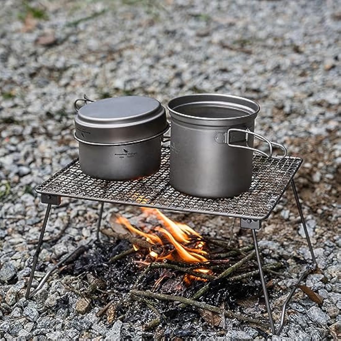 iBasingo Titanium Pot Pan Set Camping Cookware Ultralight Outdoor Backpacking Cooking Set with Folding Handle