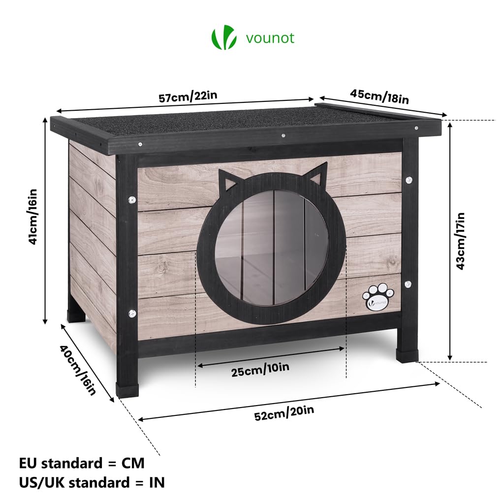 VOUNOT Cat House Outdoor with Kennel Door Privacy Window Cat Wooden Shelter 57x45x43cm, Grey
