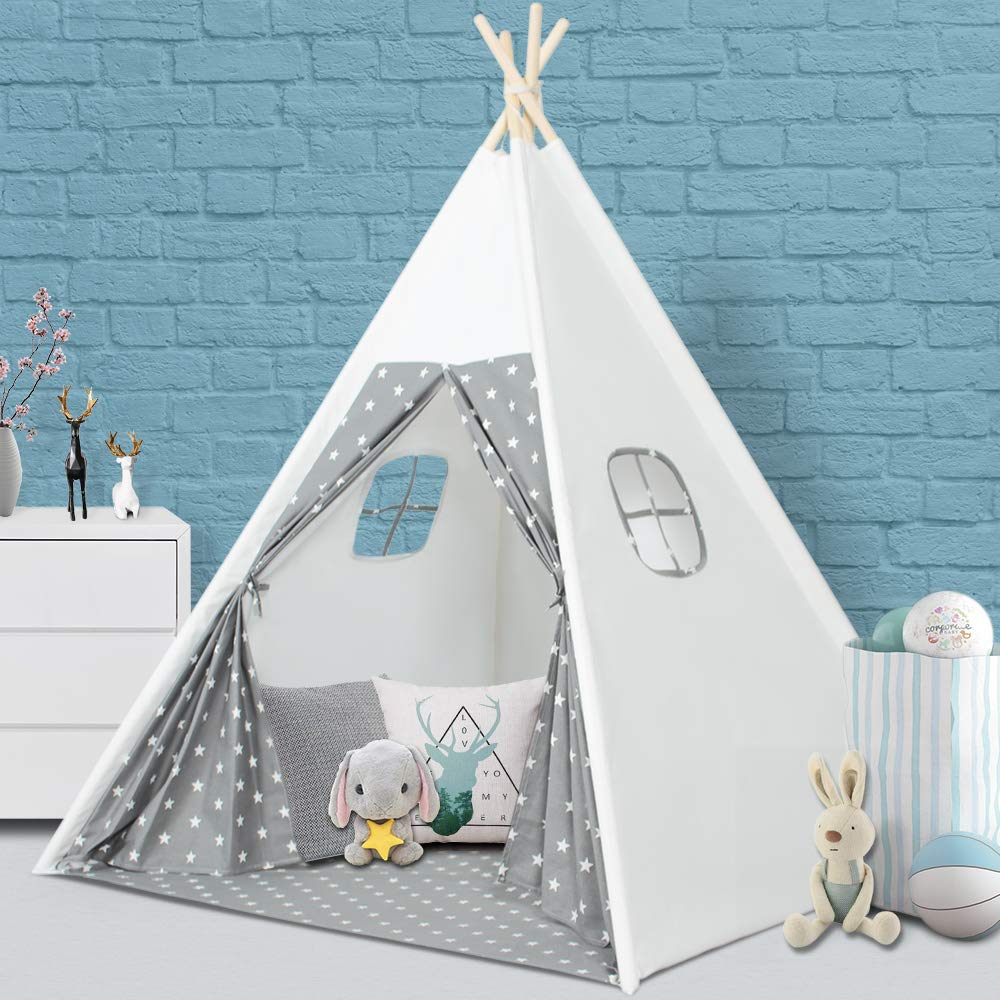Wilwolfer Teepee Tent for Kids Foldable Children Play Tent for Girl and Boy with Carry Case 4 Poles White Canvas Playhouse Toy for Indoor and Outdoor Games