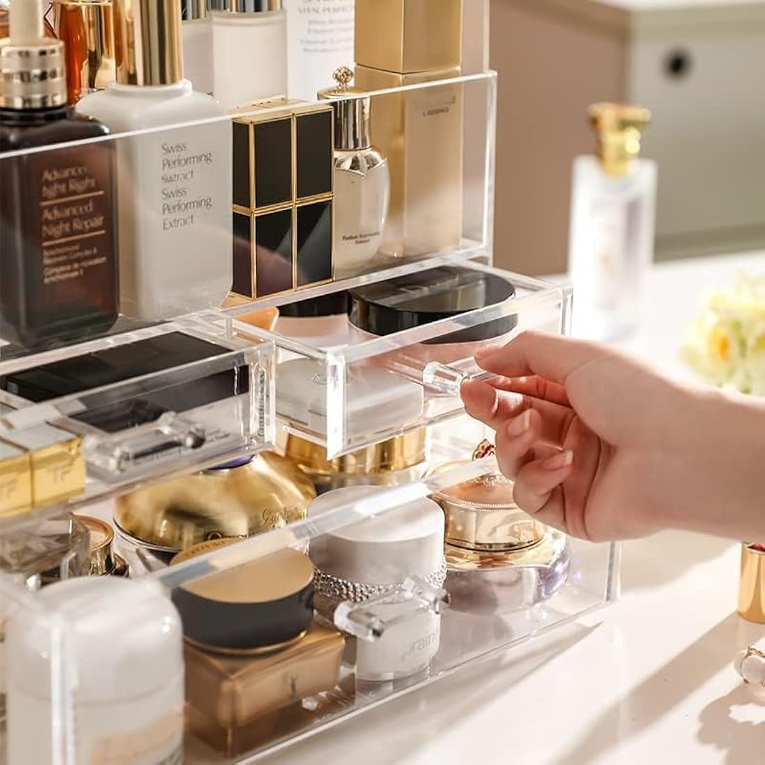 SIOOUI Cosmetic Organizer, Large Acrylic Clear Cosmetics Storage Display Case with Drawers, Perfume Makeup Organizer Box with Waterproof Cover for Bedroom Vanity Desk,Counter, Bathroom, Dresser