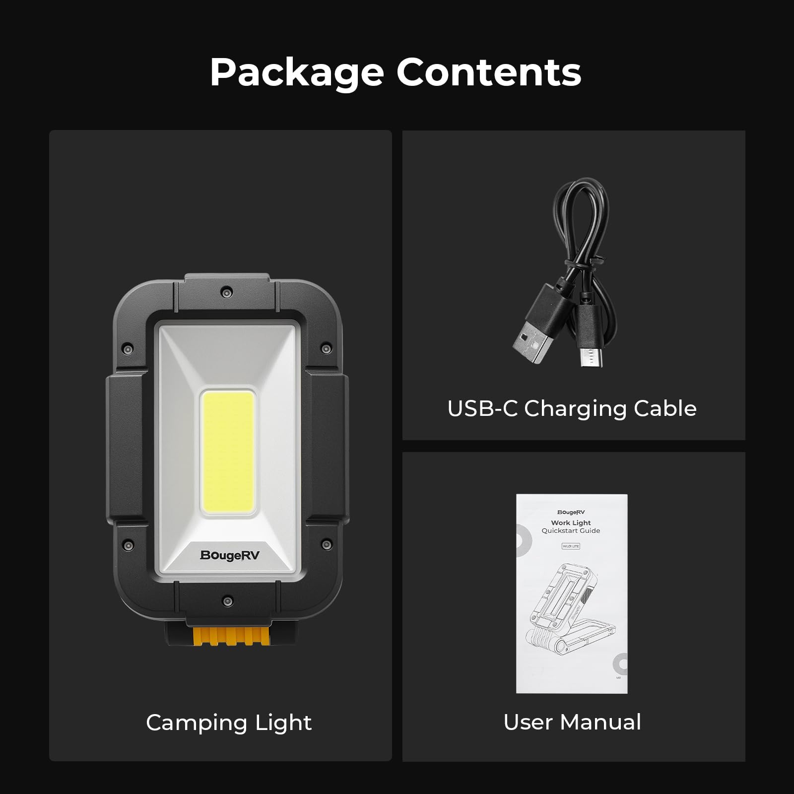 BougeRV WL01 PRO Work Light Rechargeable, 1500 Lumens Magnetic Inspection Light, Portable Lamp with 180° Rotating Stand & Hook, Multiple Lighting Modes for Car Repair, Camping, Outdoor, Emergency