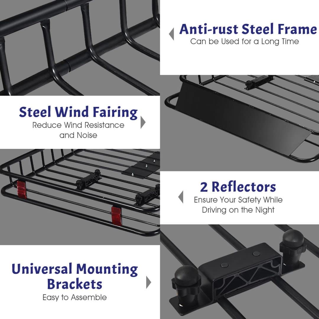 Roof Rack Basket Tray, Steel Luggage Cargo Carrier with Bars & Wind Fairing, Rooftop Luggage Holder for Car SUV Truck Jeep (116-162x99x15cm, 113kg Capacity)