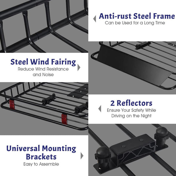 Roof Rack Basket Tray, Steel Luggage Cargo Carrier with Bars & Wind Fairing, Rooftop Luggage Holder for Car SUV Truck Jeep (116-162x99x15cm, 113kg Capacity)