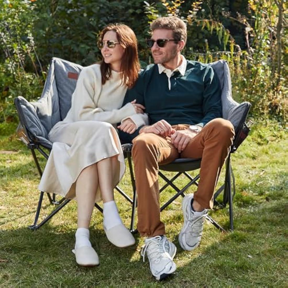 EVER ADVANCED Camping Chair Double for Adults 6cm Padded 320kg Folding 2 Seater Sofa with Side Pocket Dining Garden Outdoor Heavy Duty Luxury Fishing Chair Portable Oversized Comfy Lightgrey