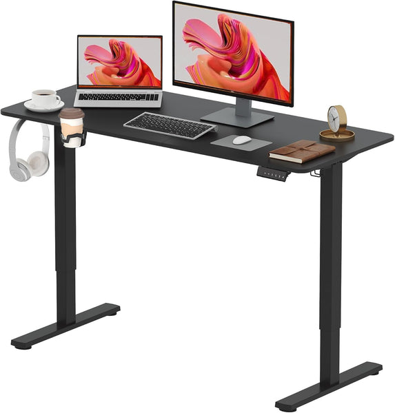 SANODESK QS1+140 * 60 Electric Standing Desk Height Adjustable Standing Desk With Memory Smart Panel Sit Stand Table With Hooks and Cupholder for Home Office （Black Frame+ Black Desktop）