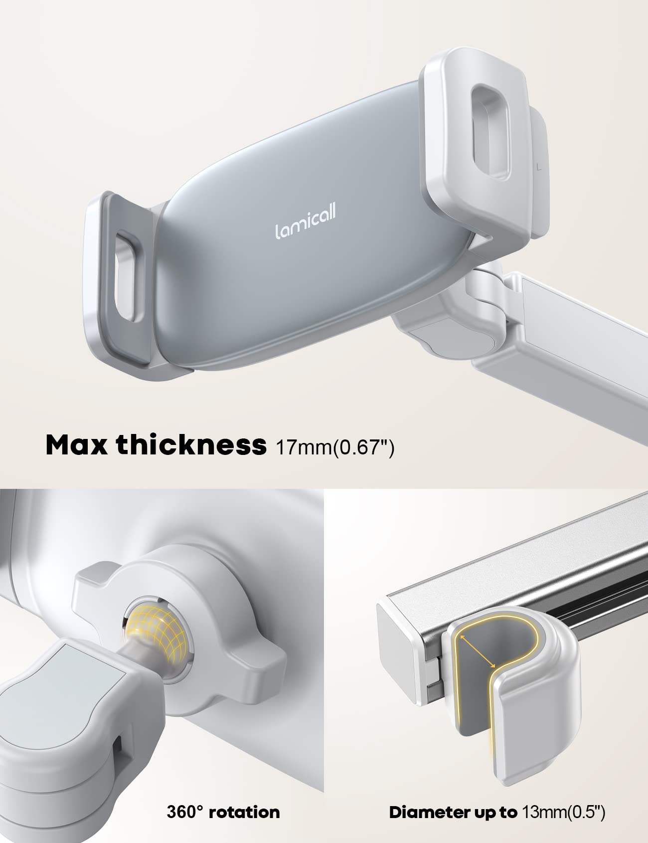 Lamicall Car Headrest Tablet Mount - [Aluminium Arm] 2025 Adjustable Car Tablet Holder, 360° Rotating Backseat Mount for Kids, for 2024 iPad Pro 13, Air 6, Mini, Tab, Phones, 4.7-13” Device - Black