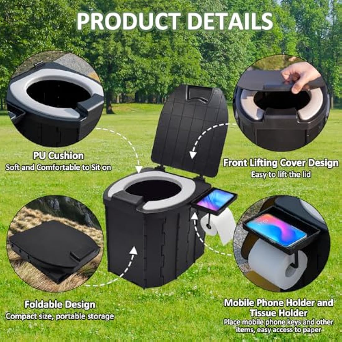 JNUYISW Foldable Camping Toilet, Portable Toilet with Lid for Adult Multifunctional Travel Mobile Toilet with Phone Holder, Paper Roll Holder for Camping, Trip, Picnic, Hiking, Fishing, Beach