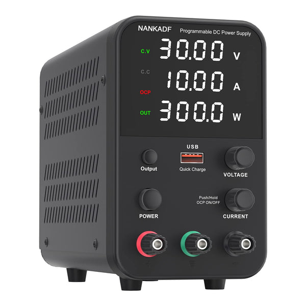 DC power supply (0-30V,0-10A) adjustable, switching power supplies, mini high precision 4-digit display with USB fast charging interface, variable lab bench power supply, output button/encoder knob