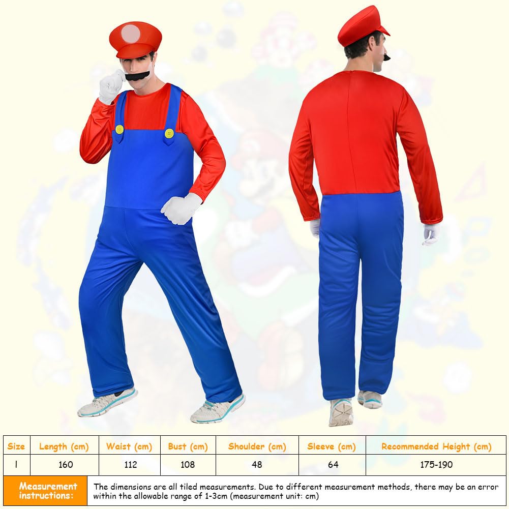 Aomig Mario Costumes, 4 Pack Mario Cosplay Costume Accessories Kits with Bodysuit, Luigi Hats Cap, Mustaches, White Gloves, Mario Luigi Bros Fancy Dress Outfit Costume for Women Men