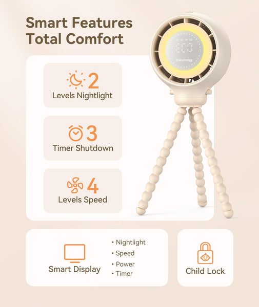 Dreamegg Baby Pram Fan - Portable Clip On Fan for Stroller with Hidden Blade & Child Lock, 4 Speeds With Eco Mode, Night Light, LED Display, USB Rechargeable for Car Seat & Crib, Ideal Baby Gift
