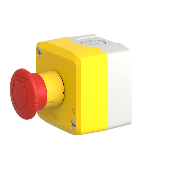 Schneider Electric Control station, plastic, yellow lid, 1 red mushroom push button Ø40, key release, 1 NO + 2 NC