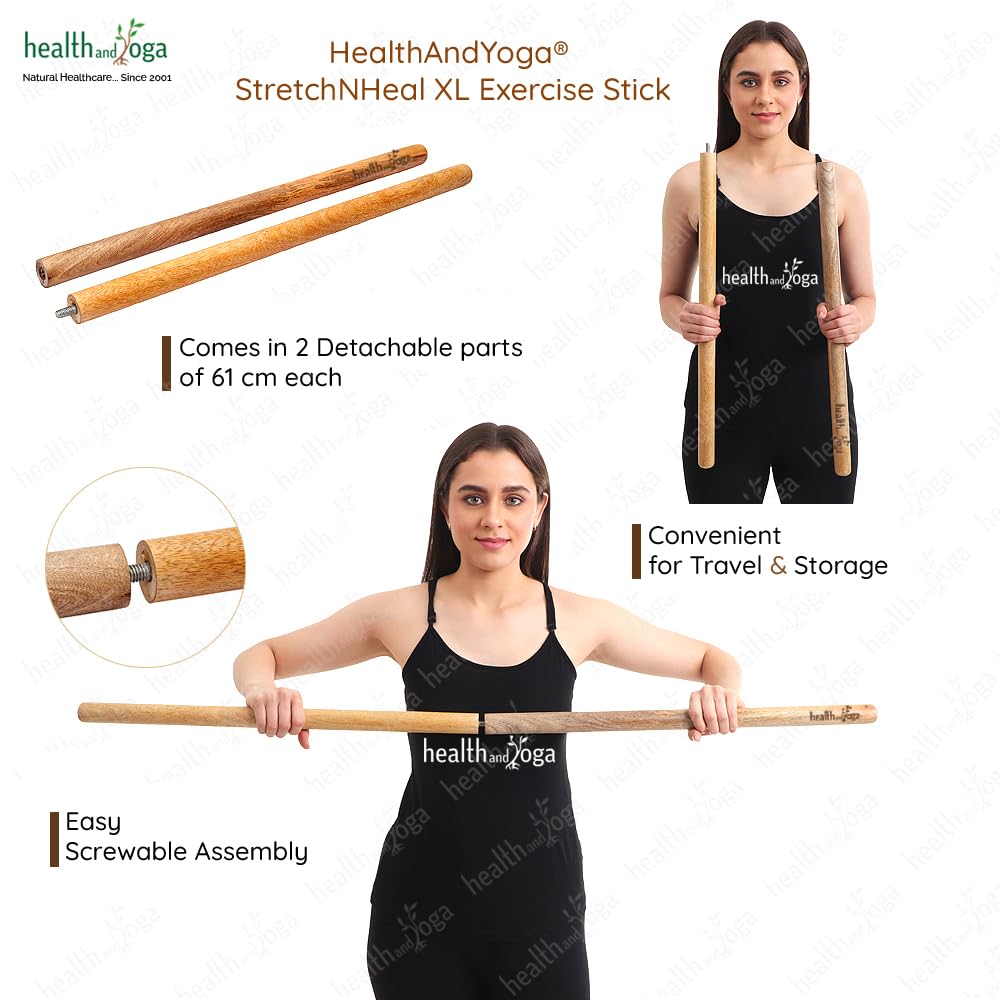 HealthAndYoga StretchNHeal XL Collapsible Multi-Use Wooden Yoga Stick - Physical Exercise Dowel, Stretch Mobility Rod, Posture Pole (XL - 48 inches)