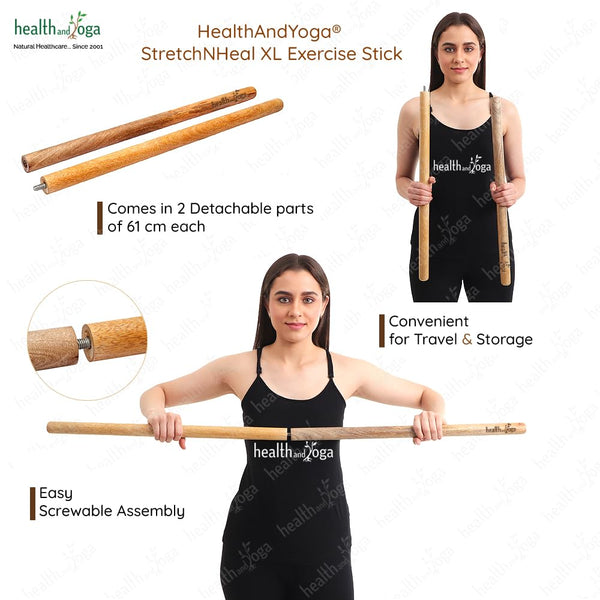 HealthAndYoga StretchNHeal XL Collapsible Multi-Use Wooden Yoga Stick - Physical Exercise Dowel, Stretch Mobility Rod, Posture Pole (XL - 48 inches)