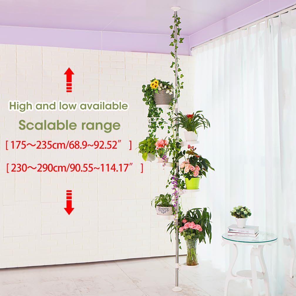 Hershii 7-Layer Tension Pole Plant Stand Indoor Decorative Metal Flower Pot Holder Display Rack Floor to Ceiling Adjustable Hanging Corner Shelf Space