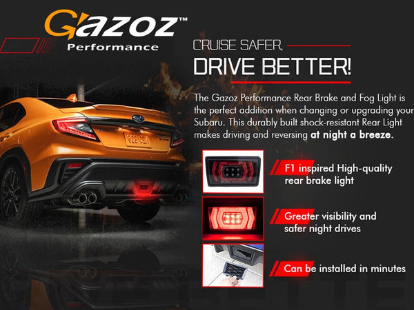 GAZOZ PERFORMANCE F1 Style 4th Brake/Fog Light Kit Rear Bumper - Plug and Play Brake Light Compatible with 2022-2024 Subaru WRX VB - Clear Lens Red Bar - Functions as Tail Lamp & Brake Lamp