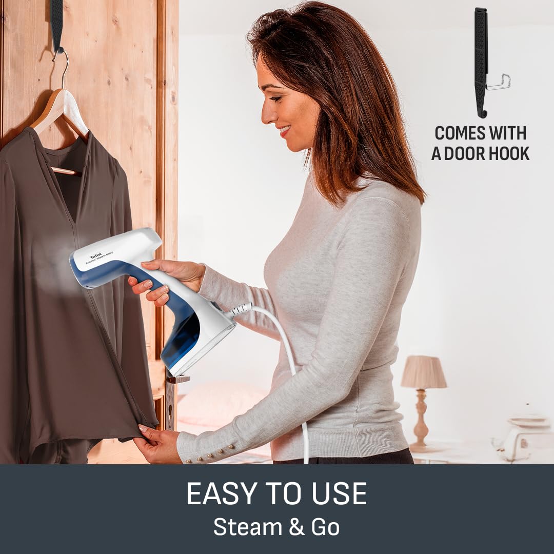 Tefal Access Steam+ Handheld Clothes Steamer, 1600W, 26 g/min Steam, No Ironing Board Needed, 2 Steam Levels, Sanitising Steam, Black & Rose Gold, DT8103